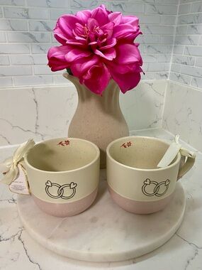 Badgley Mischka Cream and Pink Ceramic Mug Pair with Intertwined Ring Motif